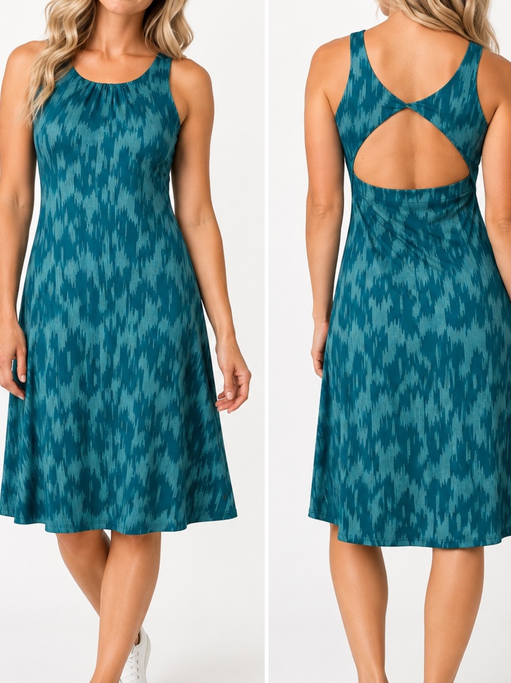 prAna Skypath Dress XL Deep Verde Ikat Built In Bra Open Back Active Travel